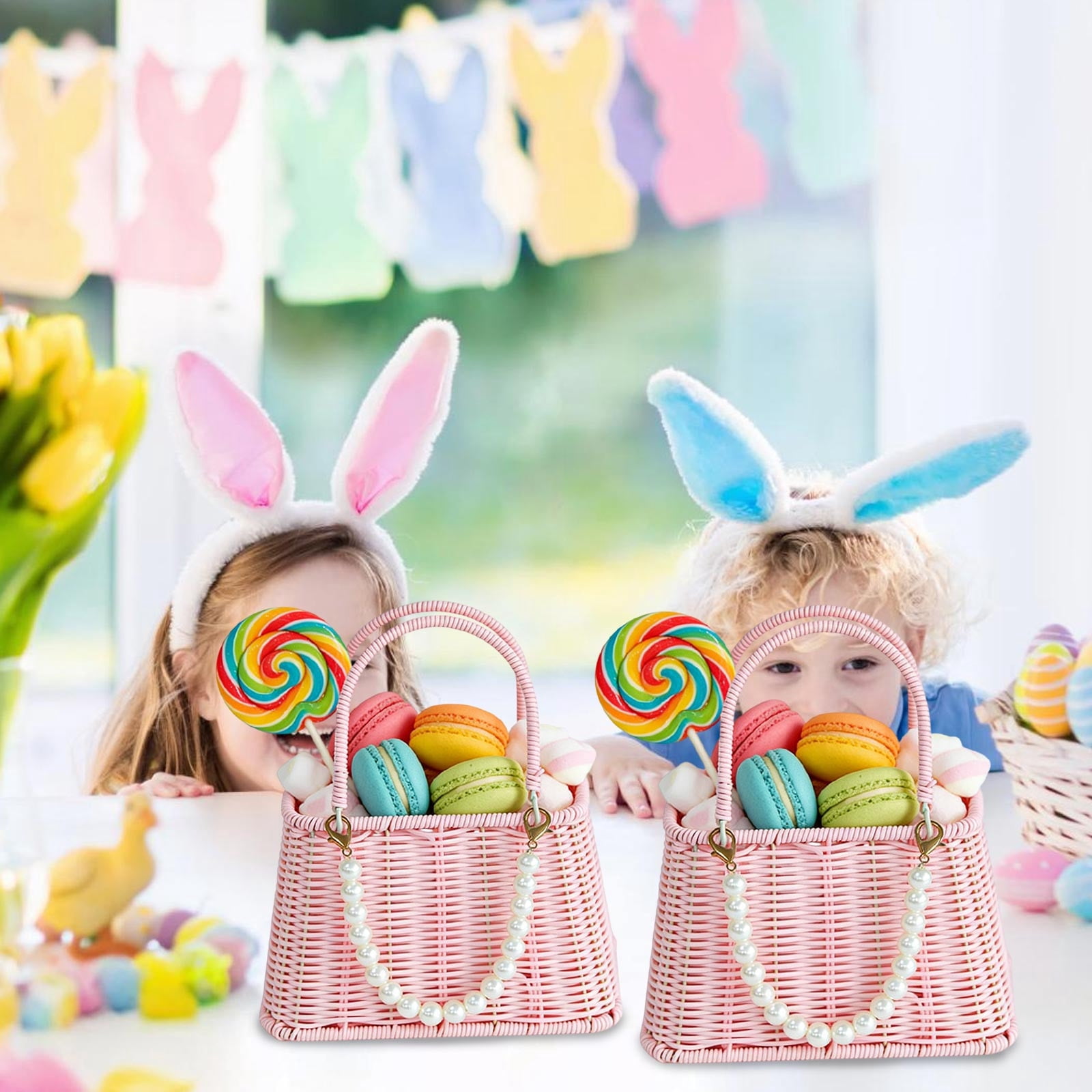 COM1950s Easter Plastic Flower Basket with Handles, Bunny Ear Storage Basket for Decor, Versatile Home Organization for Snacks, Toys, Living Room, Bedroom, Pink
