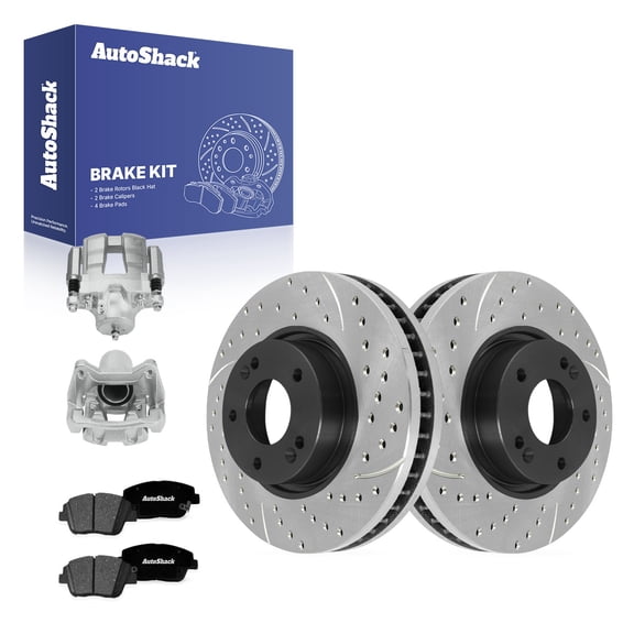 AutoShack Front Brake Rotors, Premium Pads & Calipers for Hyundai & Kia, Sonata 2011-2015 Optima 2011-2016, FWD L4 2.0L 2.4L - E-Coated Drilled & Slotted - ShadowGuard - 11.81" (300 mm), 5-Lug