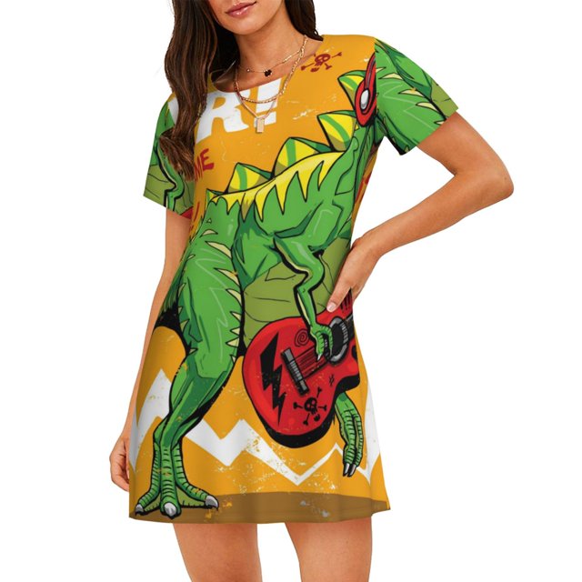 Fotbe Cool Dinosaur Playing Guitar Bata de Dormir para Mujer con Estampado, Camisón de Algodón de Manga Corta, Ropa de Dormir Casual