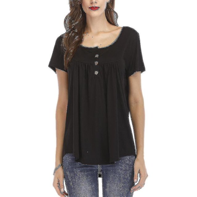 Camiseta de talla grande con botones lisos para mujer, camisetas informales de manga corta con cuello redondo-c