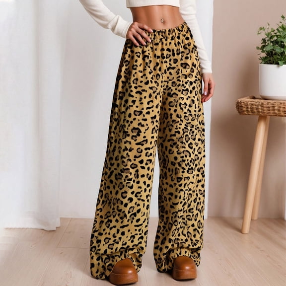 HOWPAY Leopard Print Sweatpants Women High Elastic Waist Casual Palazzo Trousers with Pockets Wide Leg Stretchy Lightweight Lounge Pants Brown XL