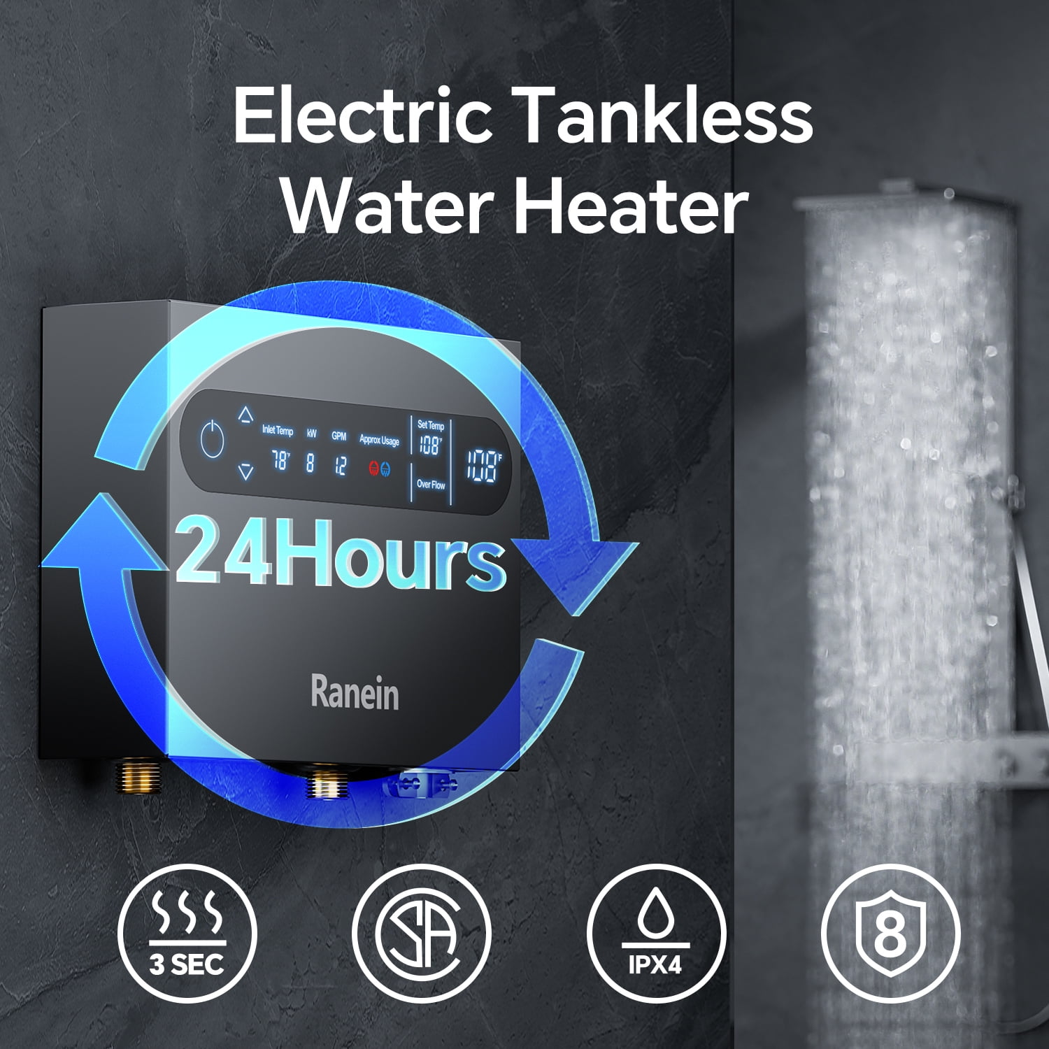 8kW Tankless Electric Water Heater, 240V on Demand Instant Endless Water Heater with LED Temperature Display for Whole House Shower