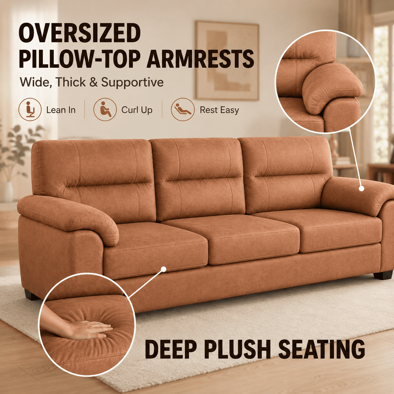 MOONMISS 84 Inch Mid-Century 3 Seater Sofa Tech Fabric Deep Plush Cushions Wide Armrests Pet Friendly Living Room,Brown