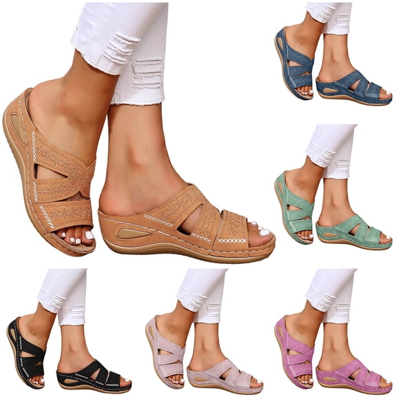 Modisza Womens Orthopedic Wedge Sandals Summer Dressy Rubber Sole Slip on Ladies Casual Comfortable Walking Slippers Shoes Black 5.5