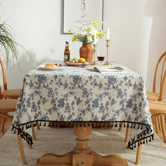 WCHUANG Cotton Linen Rectangular Tablecloth, Floral Flower Vintage Farmhouse Washable Table Cover for Party Picnic Dinner Decor