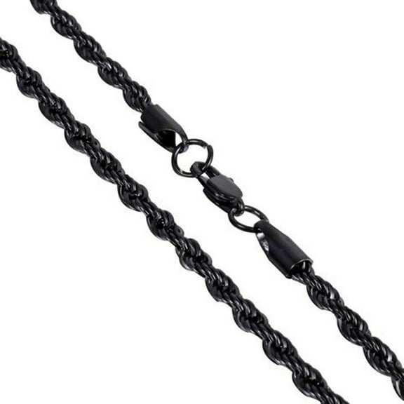 Black Rope Chain 316L Surgical Stainless Steel 4mm Necklace 20-24in Mens Womens Fantasy Forge Jewelry