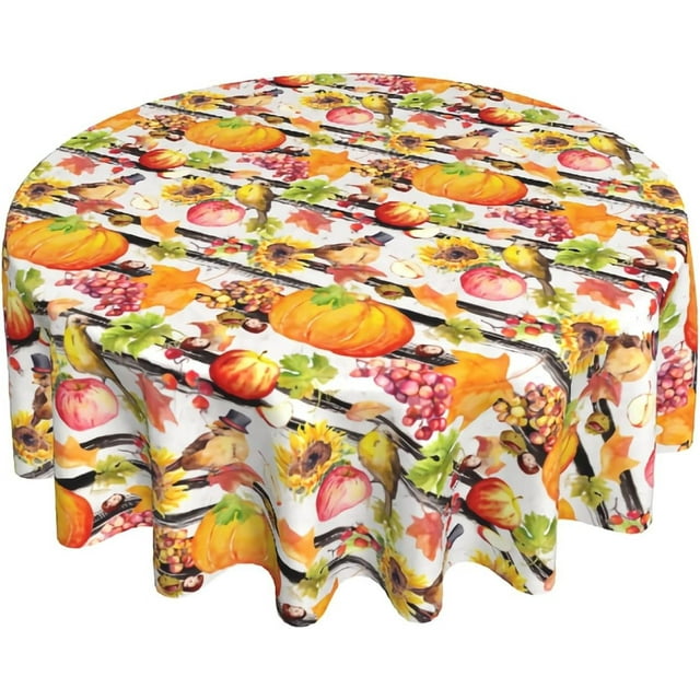 Thanksgiving Pumpkin Harvest Tablecloth Round 60 Inch Autumn Fall Brids Maple Leaves Sunflower Washable Wrinkle Stain-Resistant Table Cloth Polyester Country Rustic Farmhouse Table Cover for Dinning