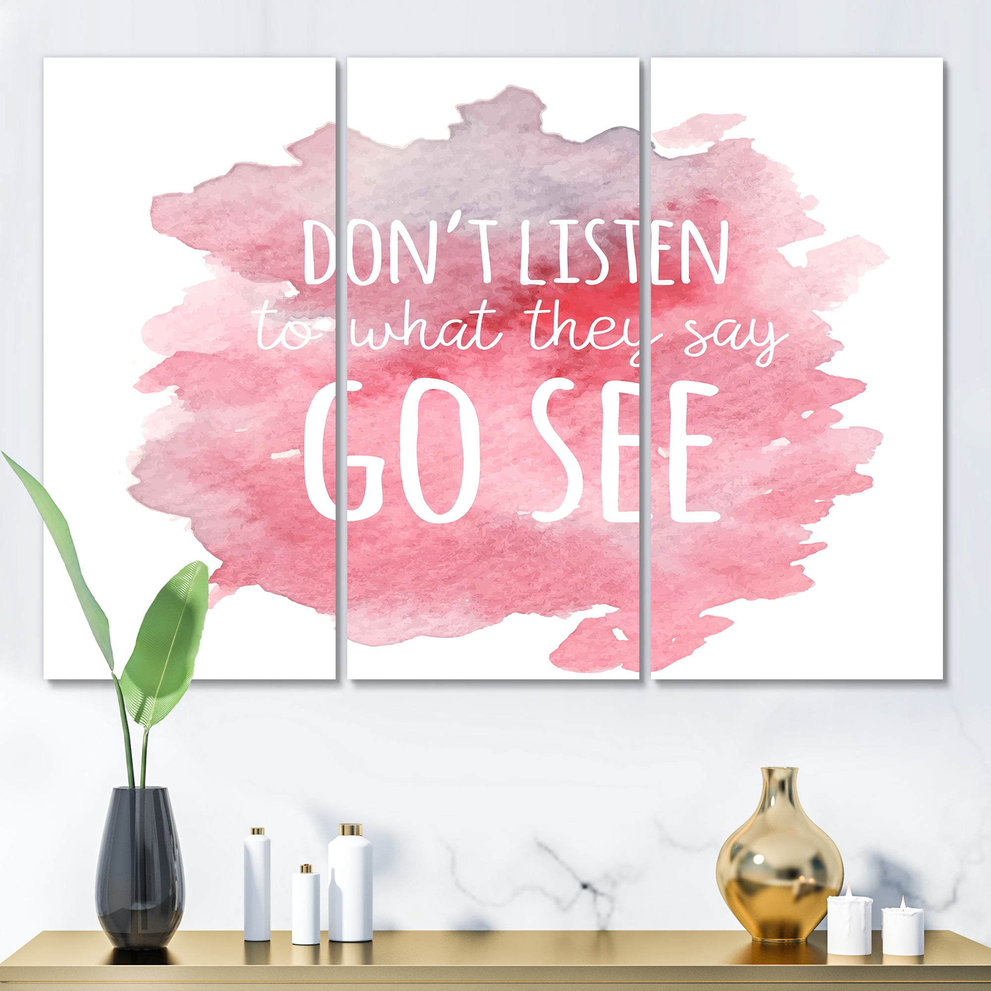 Designart ' Don't Listen To What They Say Go See On Pink Background ' Traditional Canvas Wall Art Print