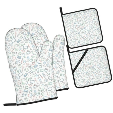 

Daiia Household Appliances Pattern Oven Mitts and Pot Holders 4 pcs Set High Heat Resistant 500 Degree Extra Thicken Long Kitchen Cotton Oven Glove