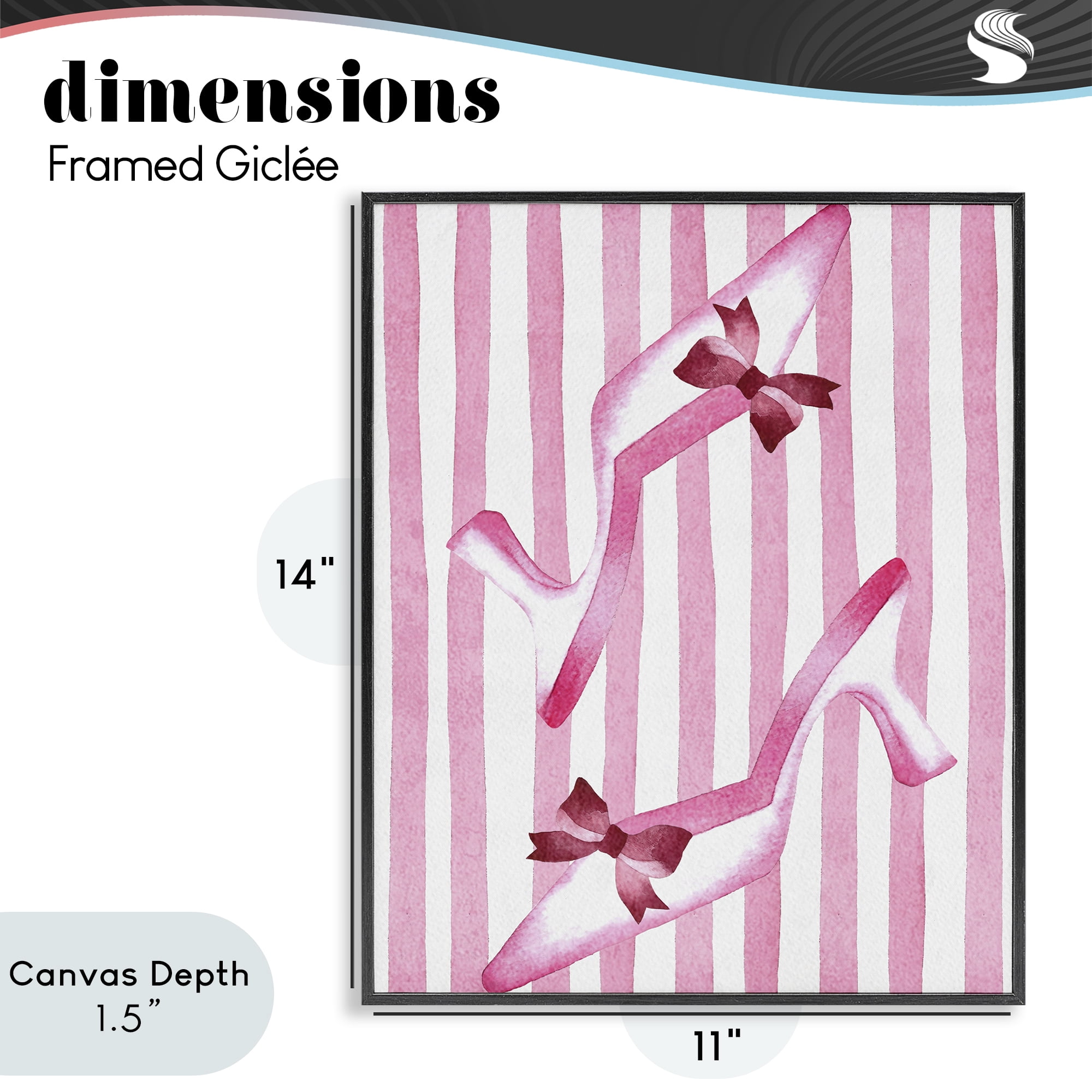 Stupell Industries Bow Heels on Pink Stripes Black Framed Giclee Art, design by Camila Juncos