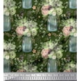 thumbnail image 1 of Soimoi Green Japan Crepe Satin Fabric Bottle Vase & Anemone Floral Printed Fabric 1 Yard 42 Inch Wide, 1 of 3