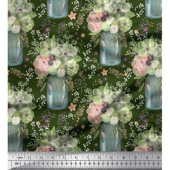 Soimoi Green Japan Crepe Satin Fabric Bottle Vase & Anemone Floral Printed Fabric 1 Yard 42 Inch Wide