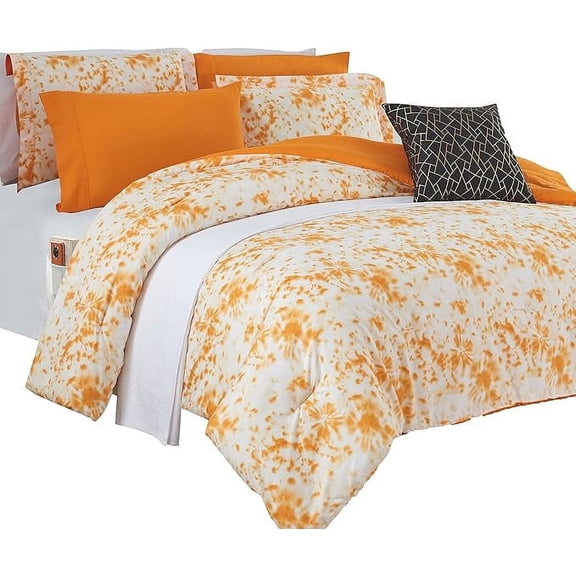 Elegant Comfort Reversible 10-Piece Comforter Set, Tie-Dye Print, Decorative Pillow and Fitted Sheet with Smart Pockets, Soft, Plush, Lightweight Material, 10pc Tie-Dye Set, Twin, Orange