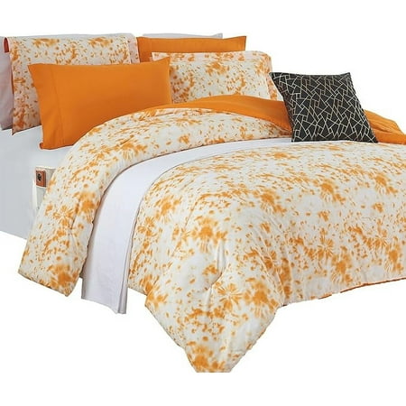 Elegant Comfort Reversible 10-Piece Comforter Set, Tie-Dye Print, Decorative Pillow and Fitted Sheet with Smart Pockets, Soft, Plush, Lightweight Material, 10pc Tie-Dye Set, Queen, Orange