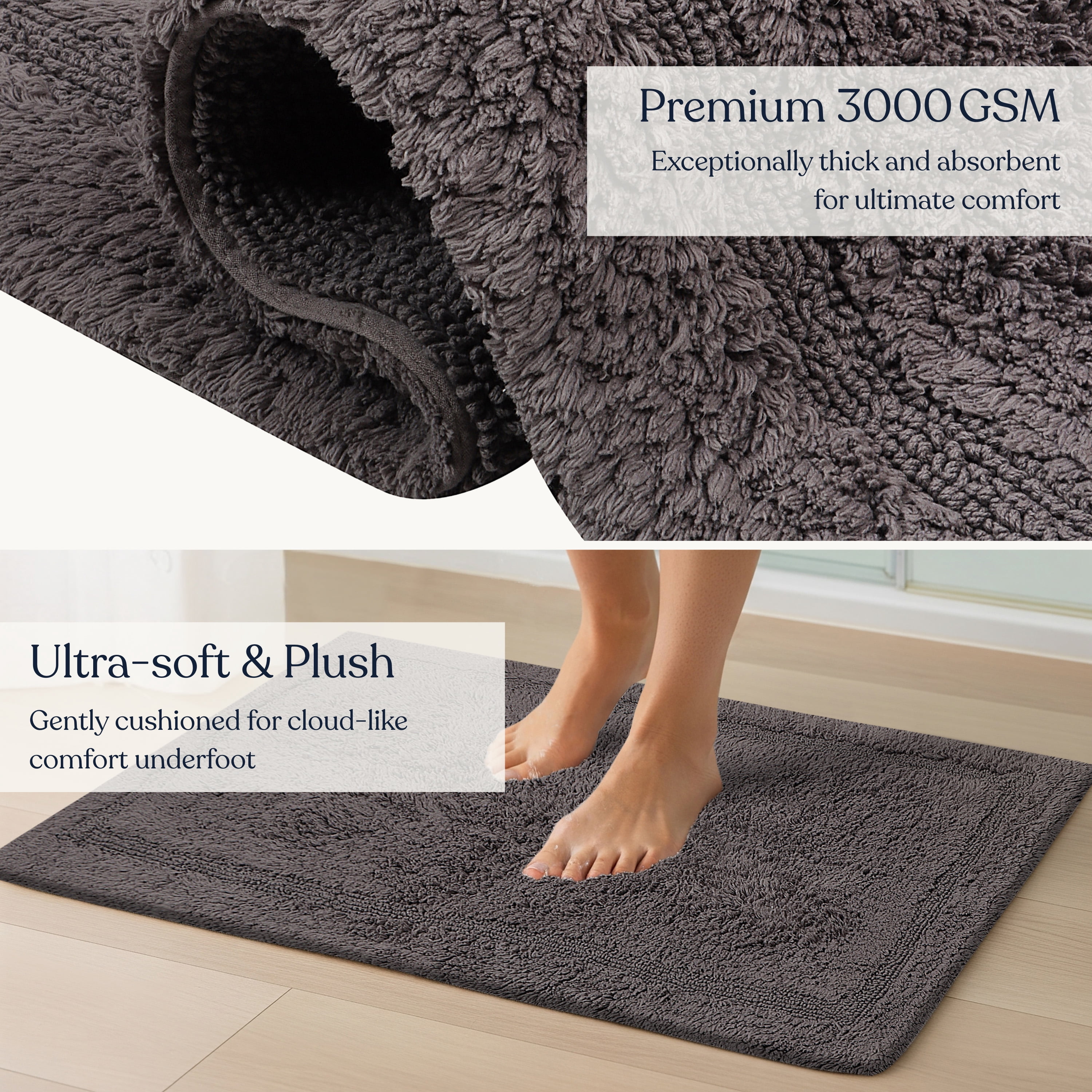 Delara Organic Cotton Reversible Bath Mat – 3000 GSM, GOTS Certified, Ultra-Thick & Super Absorbent | Soft, Plush & Quick-Drying Bathroom Rug