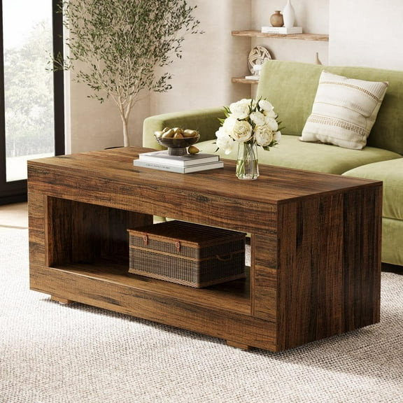 Calvin 43.3 in. Brown Rectangle Wood 2-Tier Coffee Table Modern Farmhouse Unique Low Storage Cocktail Center Table