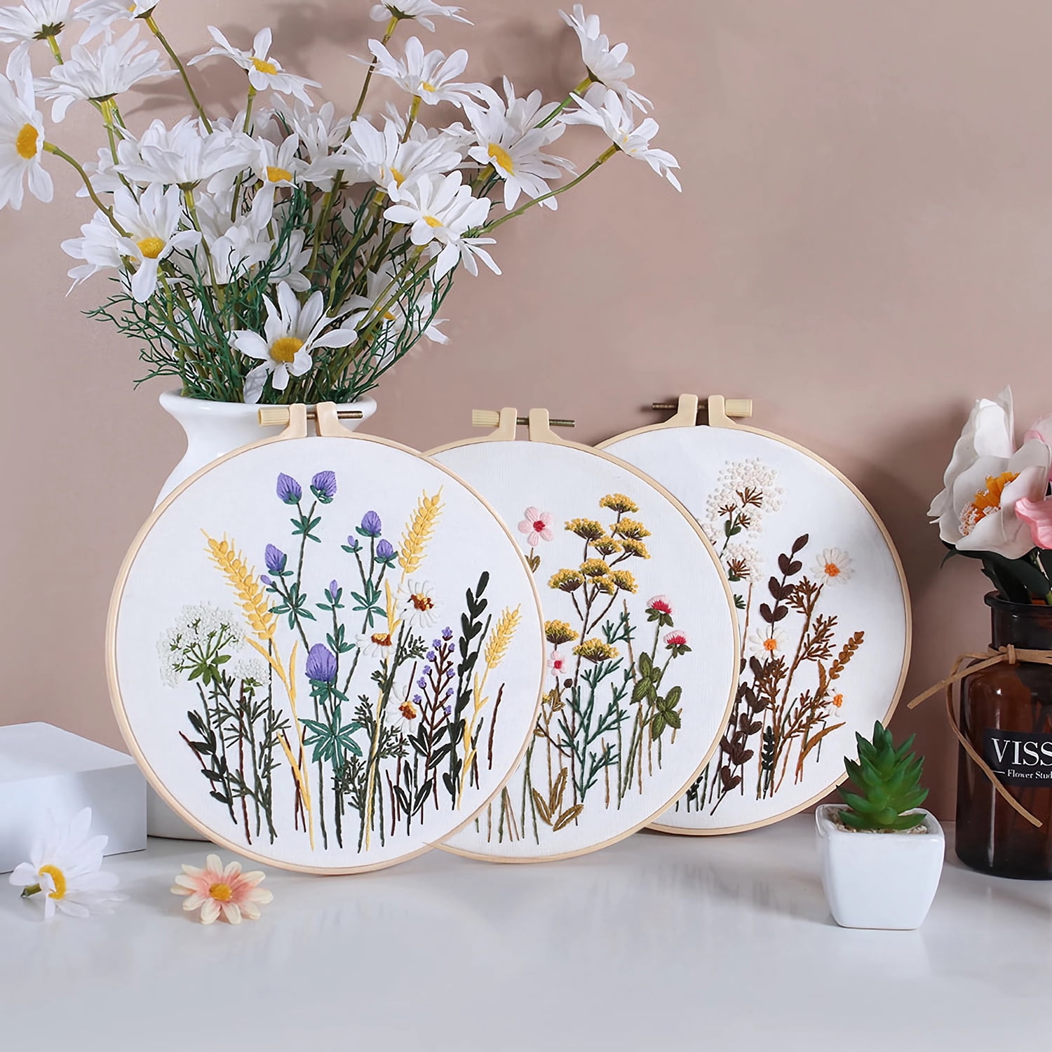 RidaaFri 3 Sets Floral Embroidery Kit Beginners, DIY Adults Craft Set, Step-by-Step Guide Video