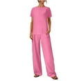 thumbnail image 2 of Horkkom Linen Sets for Women 2 Piece Summer Travel Vacation Outfits Two Piece Sets Crew Neck Short Sleeve Shirts Elastic Waist Long Pants 2 Piece Sets Pink S, 2 of 5
