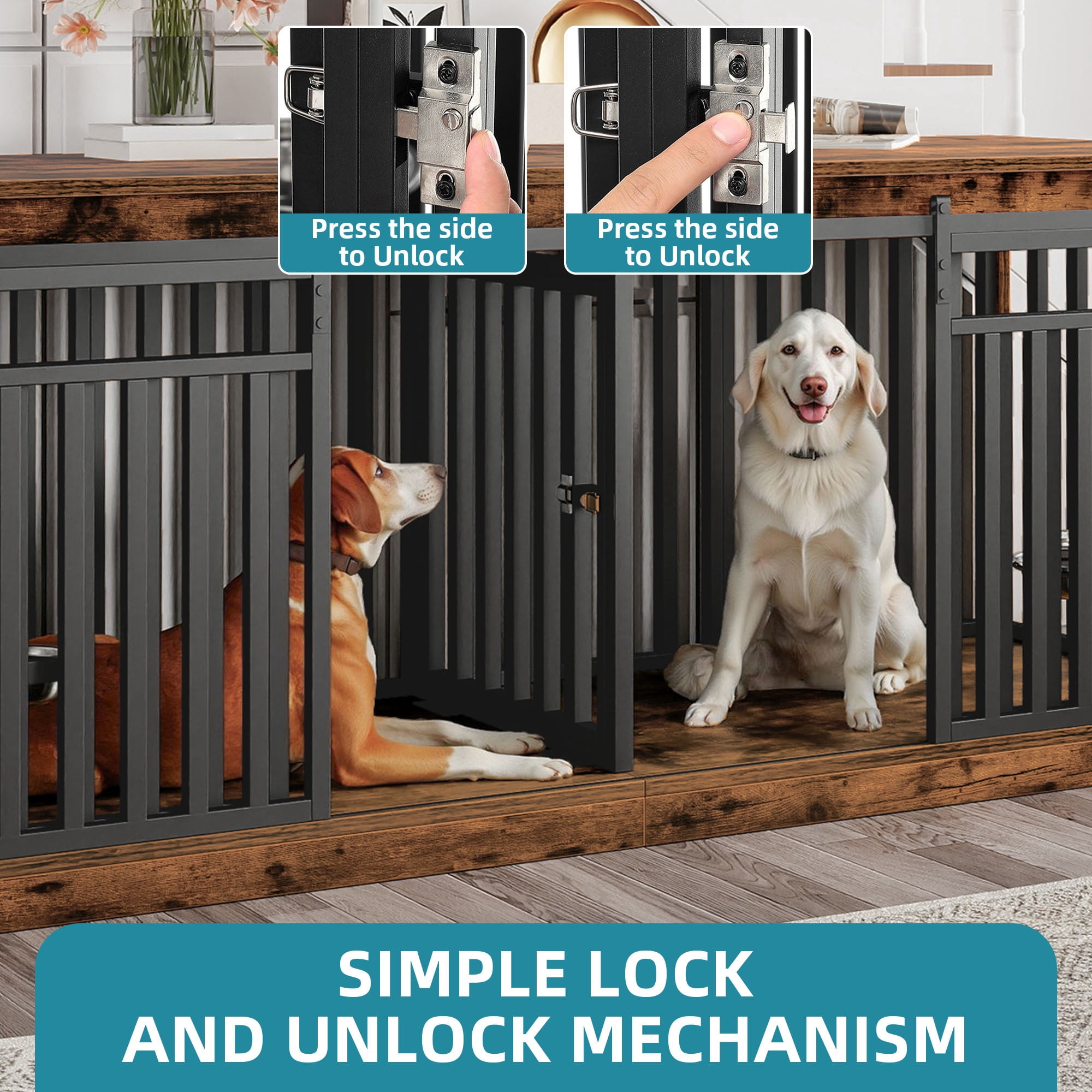 Uforic 71" Double Dog Crate Furniture, Heavy Duty Wood Dual Kennel TV Stand with Sliding Doors & Dog Bowls (Rustic Brown)