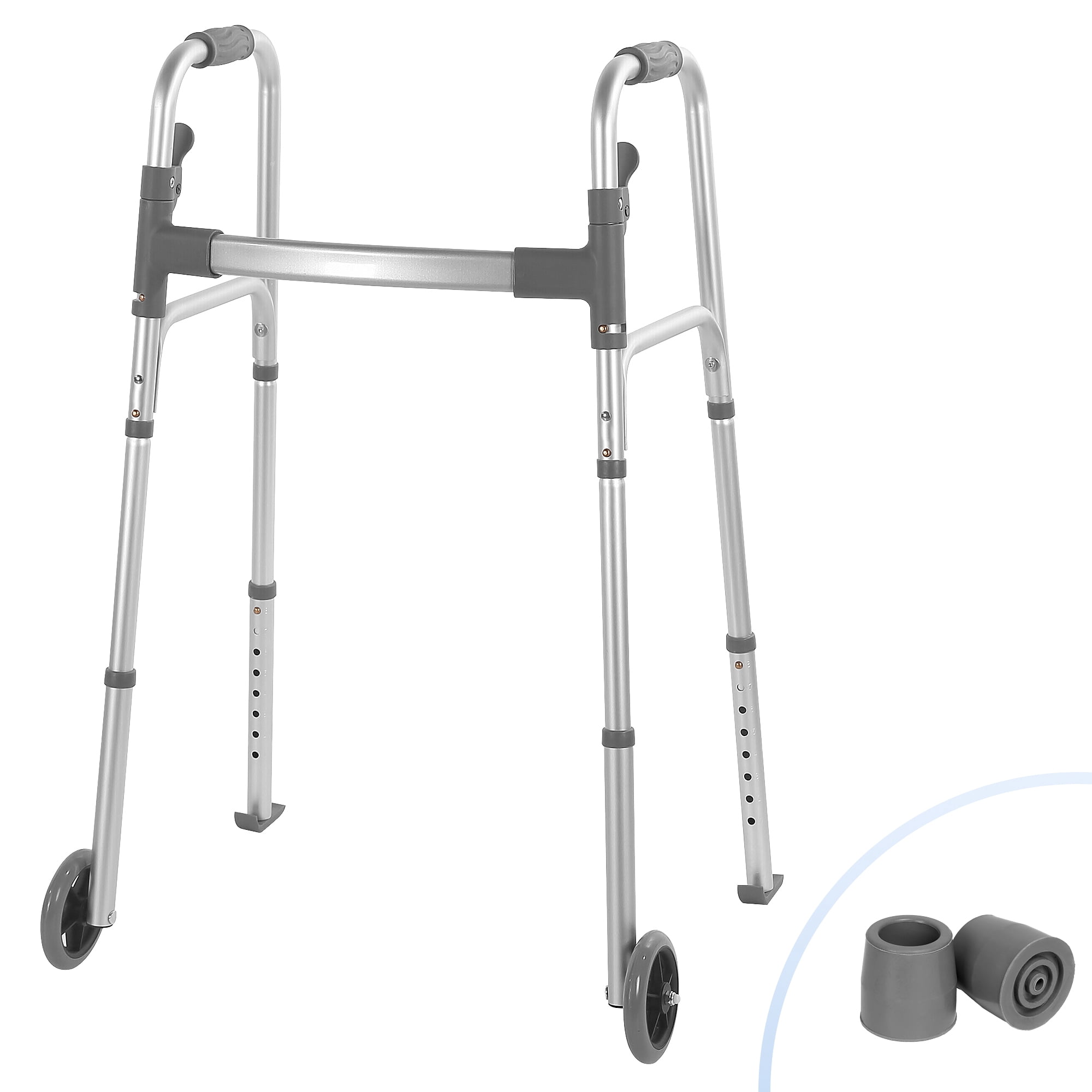 Naipo Compact Folding Walker with Trigger Release and Glide Skis for Seniors Elderly, 5 Inches Front Wheels Support Up to 300lbs, Silver