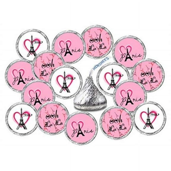 324 paris kisses stickers labels, eiffel tower pink kisses stickers for birthday party, wedding, baby shower, pink paris themed kisses party favors