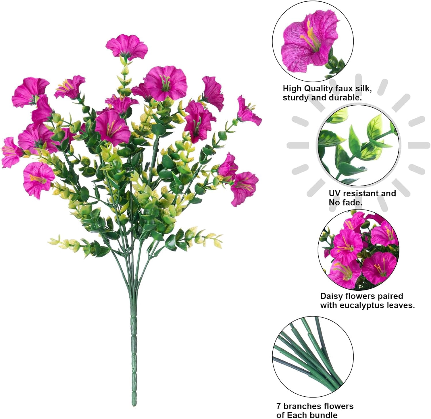 Artificial Flowers for Outdoors Fake Plants Outside Decoration, 12 Bundles Silk Colorful Morning Glory with Eucalyptus UV Resistant Realistic Faux Flowers for Planter Front Door Garden Yard