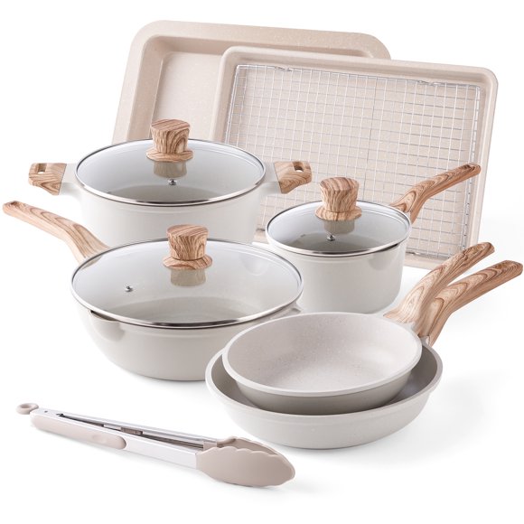 Caannasweis 13 Piece Nonstick Aluminum Cookware Set with Bakeware, Granite-Inspired