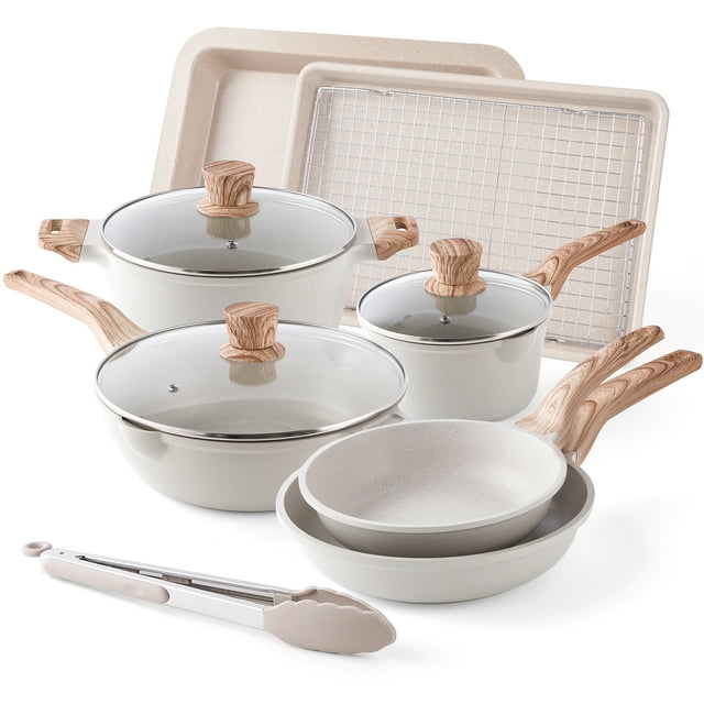 Caannasweis 13 Piece Nonstick Aluminum Cookware Set with Bakeware, Granite-Inspired