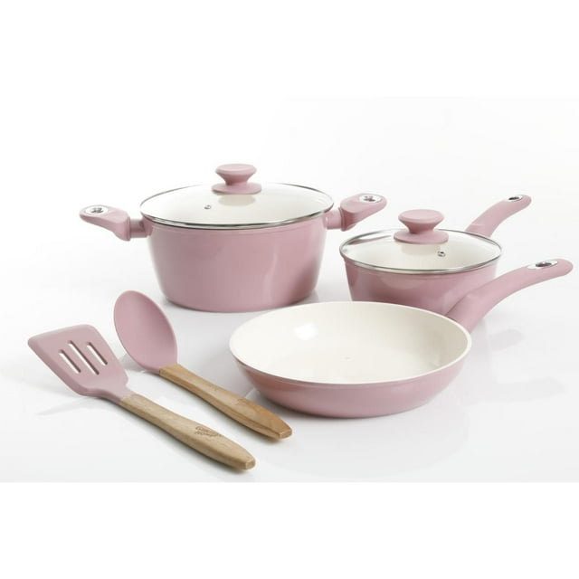 Lavender Gibson Plaza Café 7-piece aluminum cookware set featuring two lidded pots, a frying pan with white interior coating, and matching spatula and spoon with wooden handles.