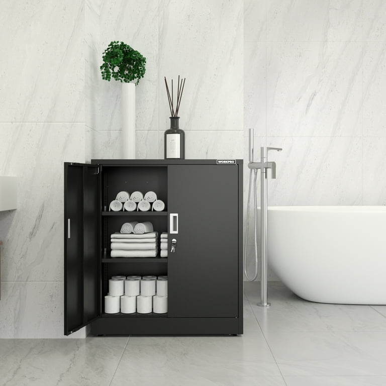 WORKPRO Black Small Industrial Metal Storage Cabinet with Doors and Shelves,Garage Cabinet with Lock for Home, Warehouse, Office, Shop, Solid Packed