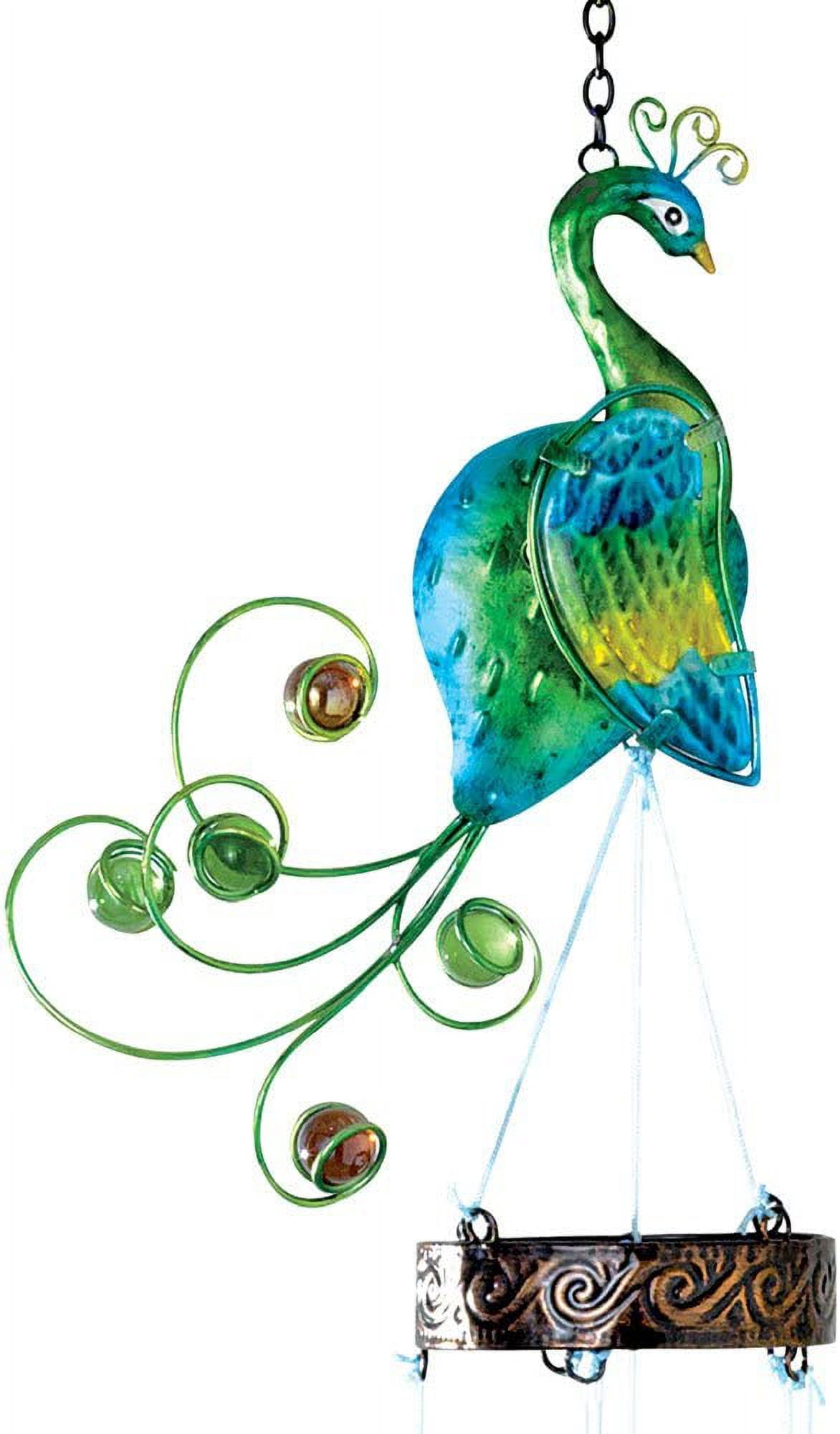 Bits and Pieces Colorful Peacock Wind Chimes Metal and Glass Hanging Sculpture and Chimes