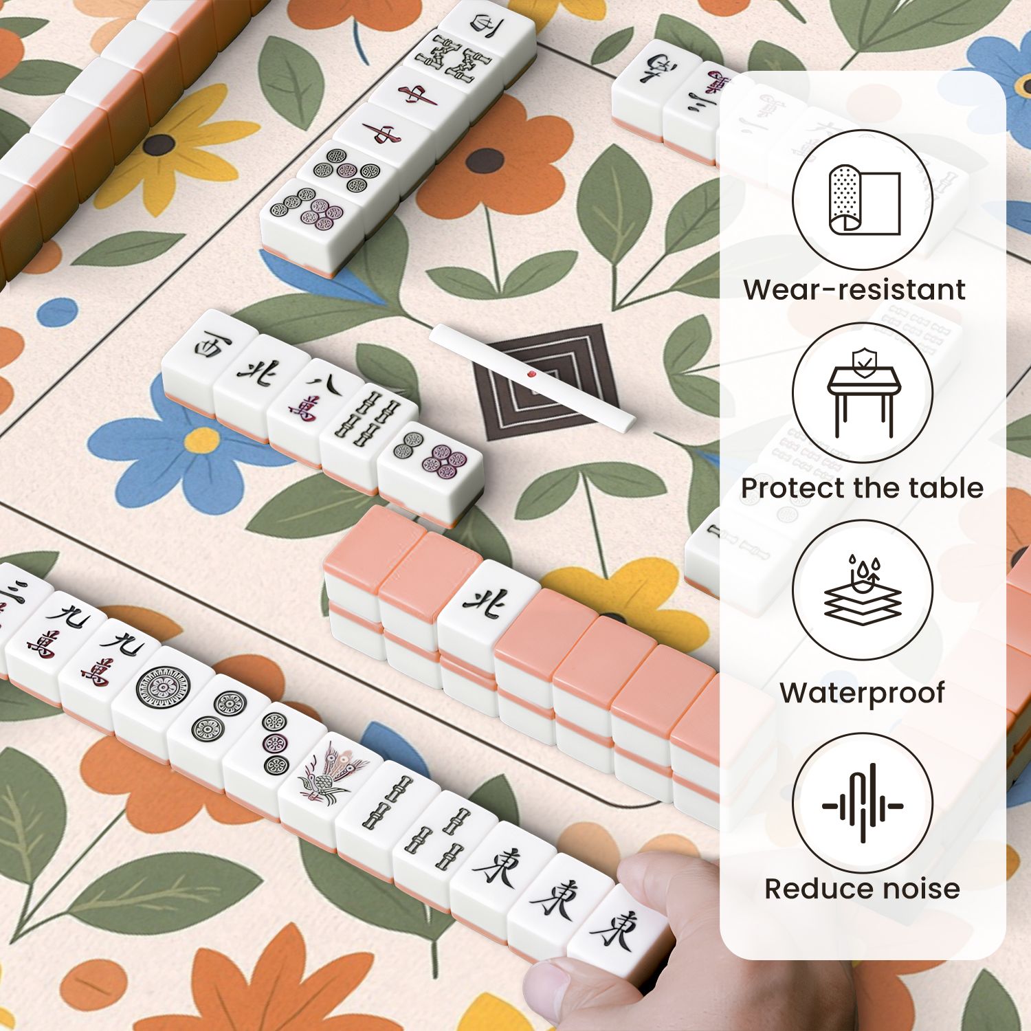 Mahjong Mat 31.5" x 31.5" Floral Orange Blue Yellow Flowers Anti-Slip and Noise Reduction Symmetry Design Mahjong Tiles Table Cover for Dominoes Poker Card Board and Tile Games