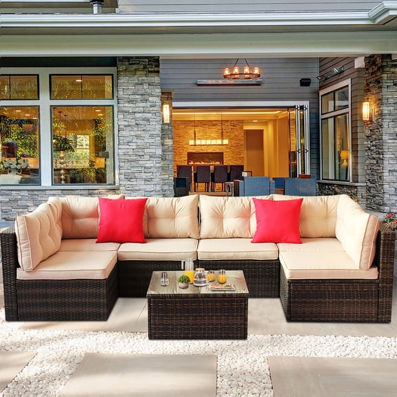 7 Piece Rattan Sectional Sofa Set, Outdoor Conversation Set, All-Weather Wicker Sectional Seating Group with Cushions & Coffee Table, Modern Furniture Couch Set for Patio Deck Garden Pool