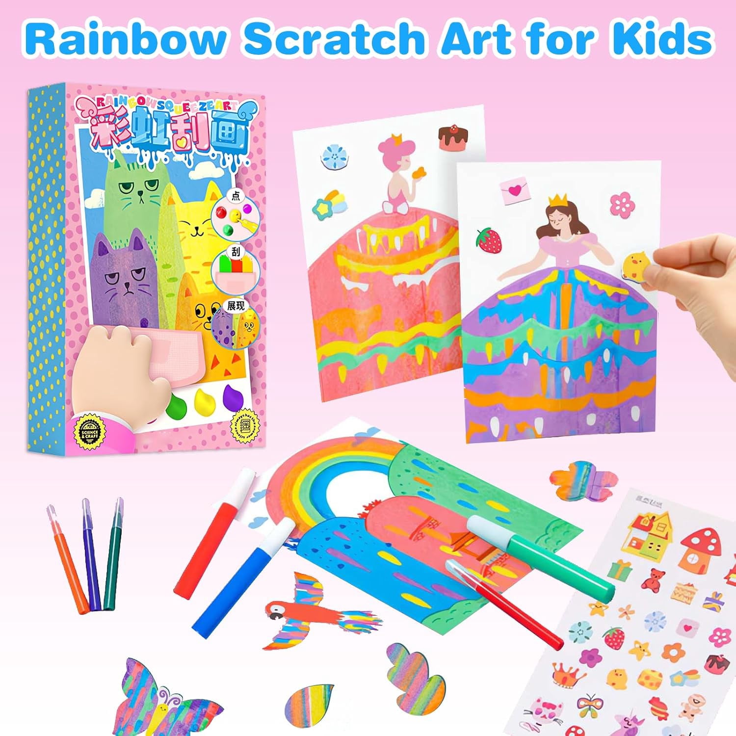 Magic Rainbow Scratch Art – Creative Squeegee Painting Kit, Rainbow Scratch Paper Art Set, DIY Postcards & Novelty Gifts for Girls & Boys, Party Favors