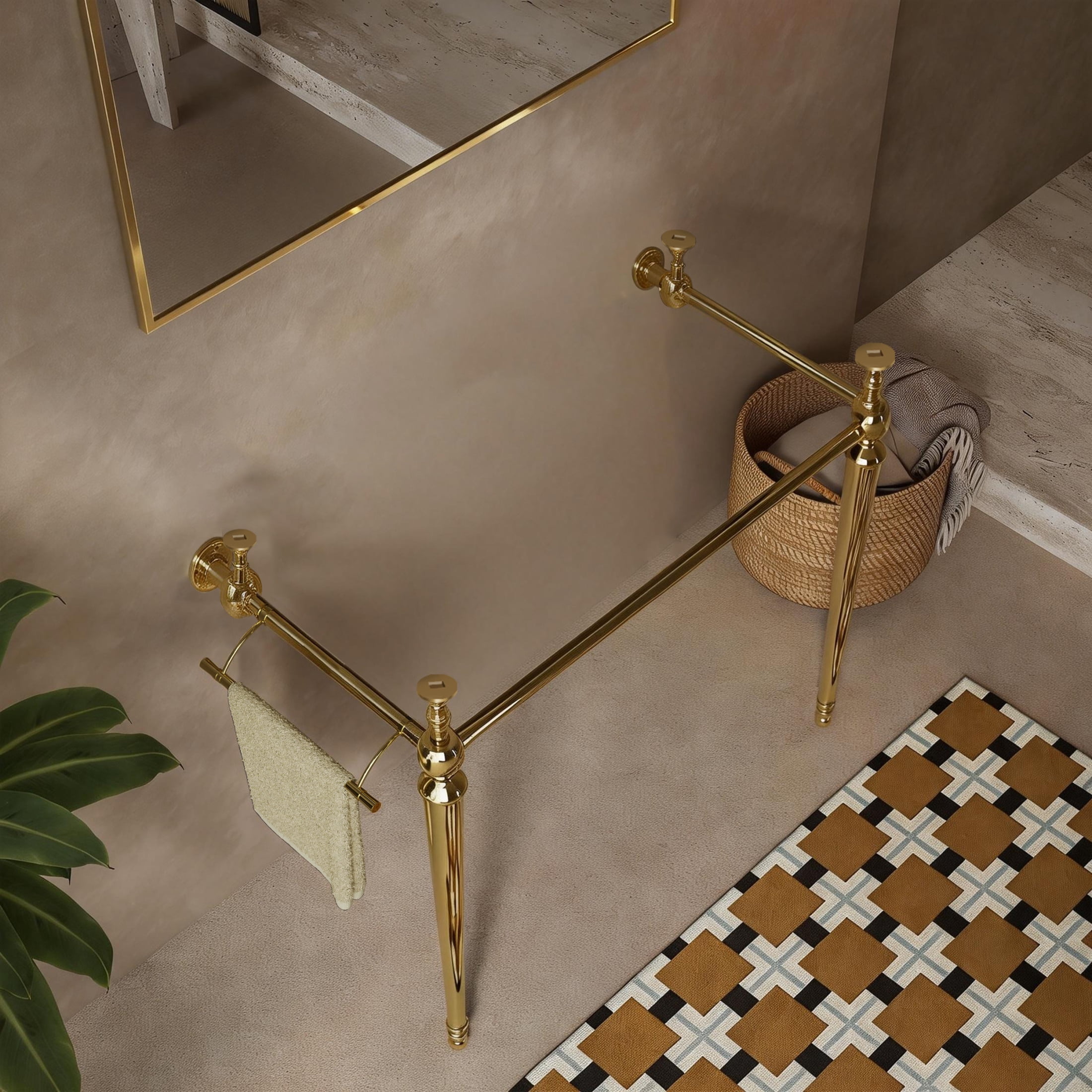 Noble House Vici 36" Freestanding Bathroom Console Vanity Open Frame with Towel Bar, Heavy-Duty Iron Legs, Gold