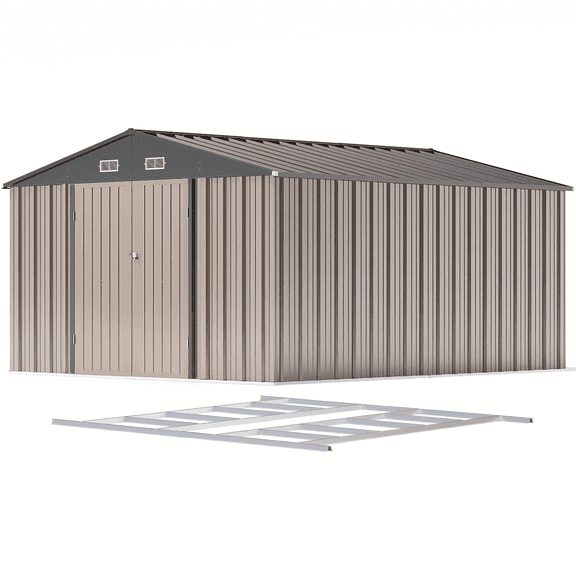 12 x 10FT Outdoor Storage Shed with Floor Frame Double Large Door, Brown | Metal Sheds Outdoor Storage for Garden Utility Garden Shed with Lockable Door & Sloped Roof, Backyard, Patio and Backyard