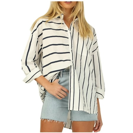 

Women s Long Sleeve Striped Blouses Fall Tops Fashion Lapel V Neck Button Down Shirts Casual Loose Fit Streetwear