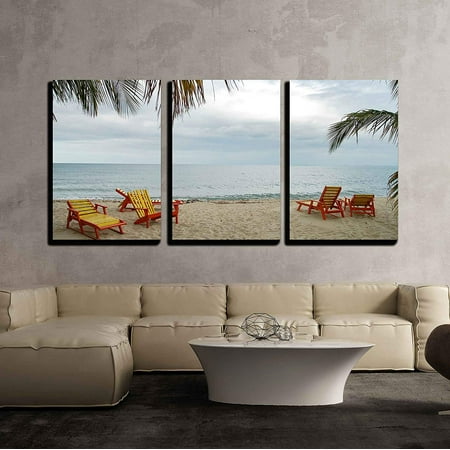 wall26 - 3 Piece Canvas Wall Art - Beach and Sun Beds near the Pacific Ocean in Belize - Modern Home Decor Stretched and Framed Ready to Hang - 16