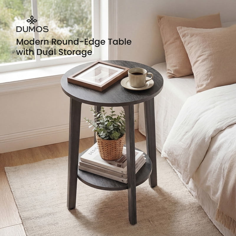 Gianna 2-Tier Round Side Table with Tapered Legs, Small End Table for Living Room & Bedroom,Gray