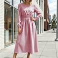 thumbnail image 4 of FRSASU Women's Long Sleeve Striped A Line Midi Dress Round Neck Smocked Elastic Waist Flowy Casual Daily Holiday Long Dress Hot Pink, 4 of 8