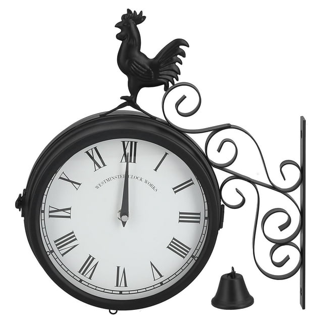 Wrought Iron Retro Cock Design Wall Clock Silent Non Ticking Double Sided Round Clock for Garden