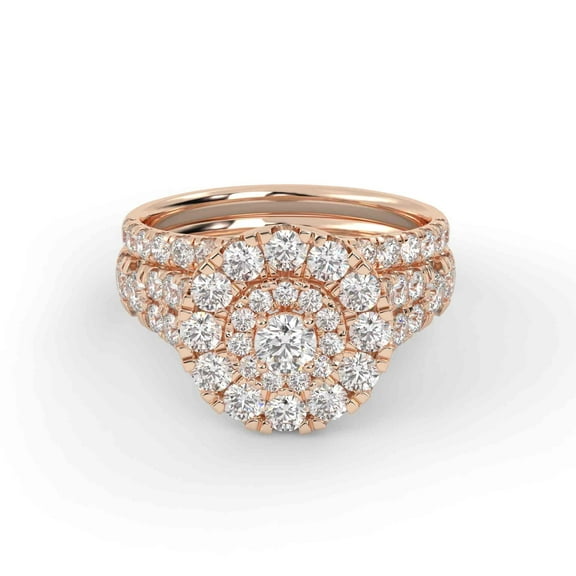 Double Halo Split Shank Bridal Ring Set, 1.70 Cttw Lab Created Moissanite Engagement Wedding Rings for Women In 14K Solid Rose Gold VVS1 Quality Ring Size-9