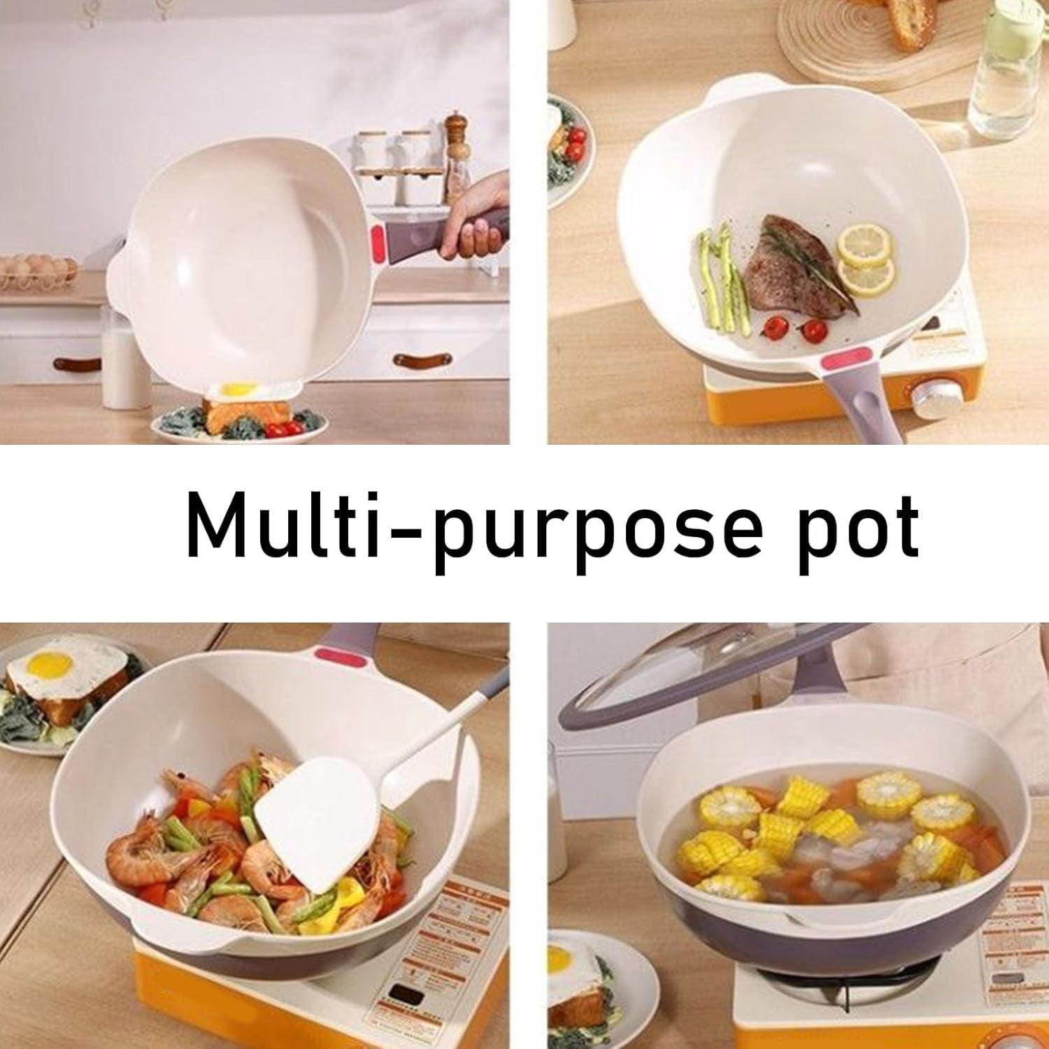 12 In Titanium Alloy Non Stick Pot Sets, Multipurpose Deep Saute Titanium Frying Pan, Ergonomic Stay-Cool Handle, for Cooking Frying Stewing Induction & Gas Stove Compatible (Yellow)