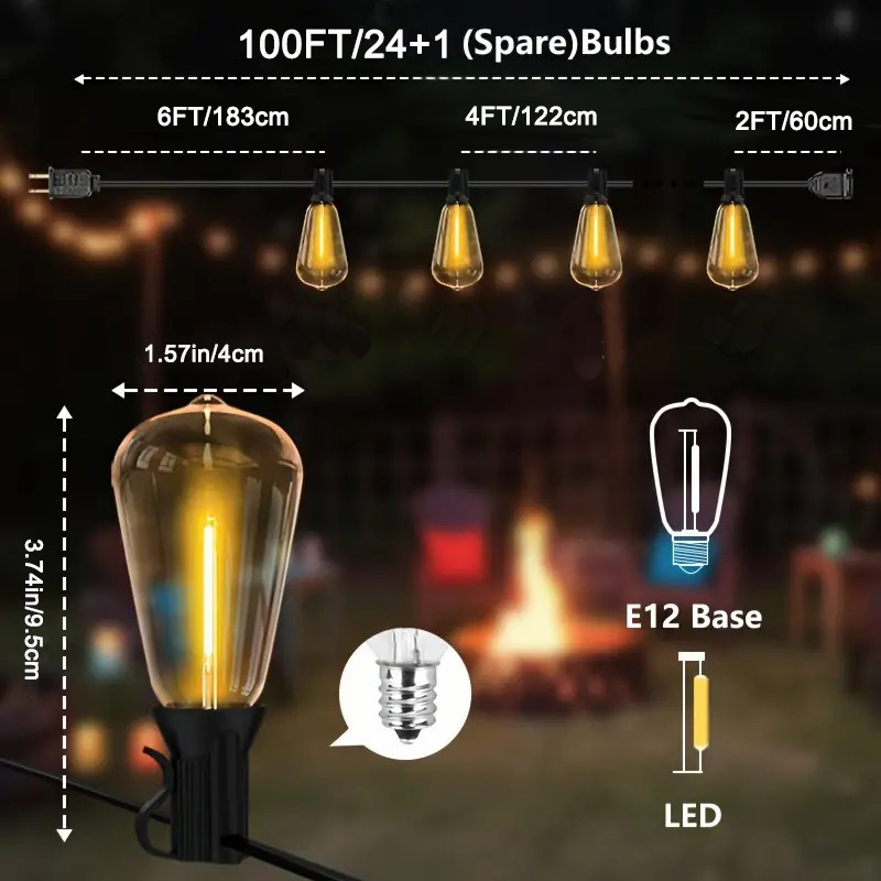 GUPUP 100ft Outdoor String Lights, Waterproof and Shatterproof Patio Light with 24+1 ST38 Bulbs, Connectable Hanging Outside Lights for Yard