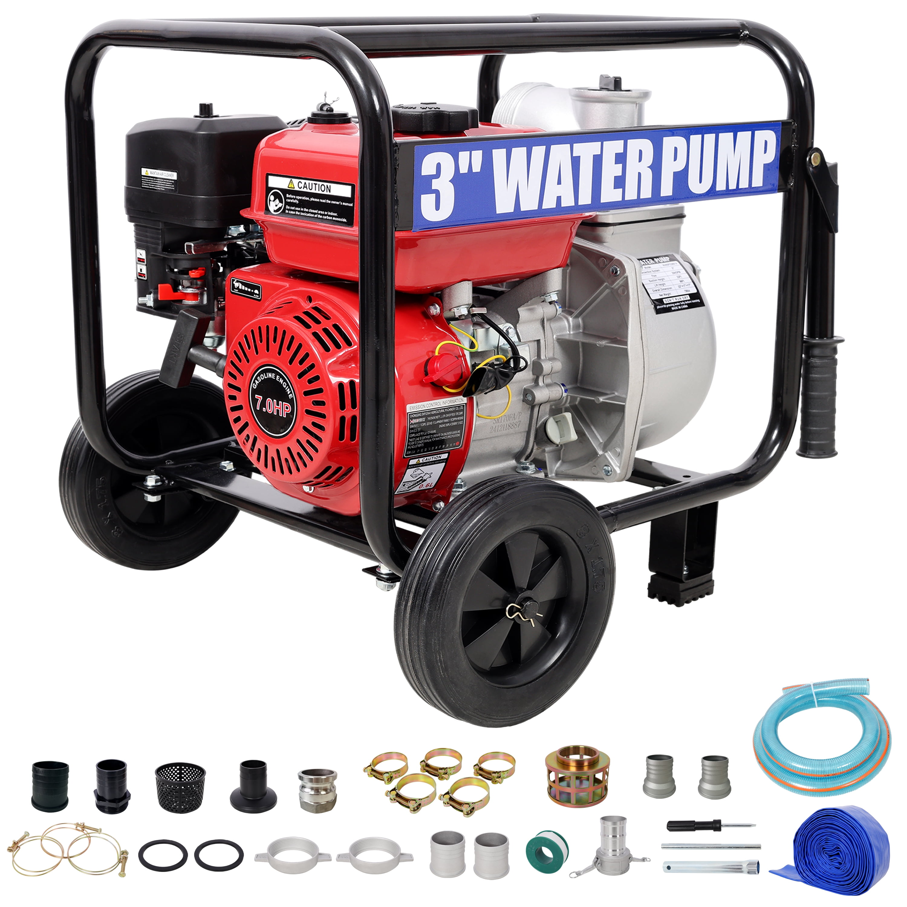 Portable Power Station Gas Engine Powered Water Pump 3" inlet&outlet, Flow:264Gpm , 7HP Engine 212CC, EPA Certificated, 3in NPT Connector, 3in to 2in coupler 2in1, 50 ft Discharge Hose, 12 ft Suction