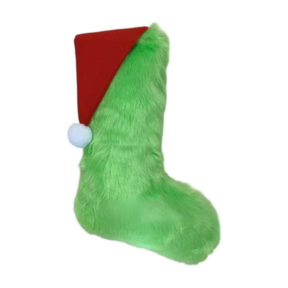 CuiLiyq Green Fluffy Christmas Stocking, 14.2 Inch Stocking with Santa Hat Decoration, for Gift Xmas Hanging Stocking Ornaments