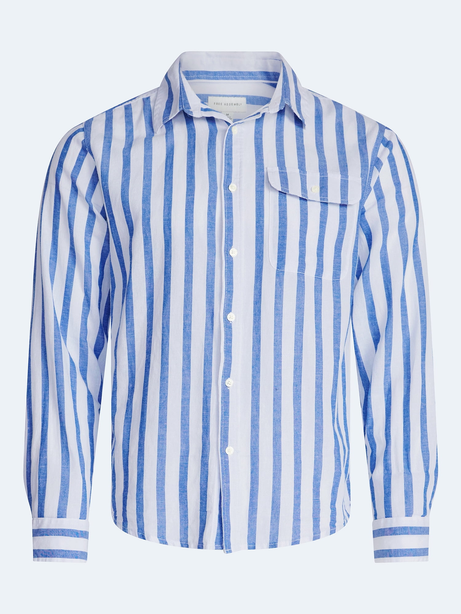 Free Assembly Men's Striped Linen Blend Button Front Shirt with Long Sleeves, Sizes XS-3XL