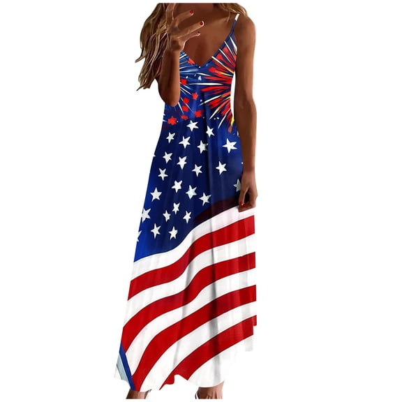 Qiopertar Women's Independence Day Print Round Neck Dress Casual Sleeveless Maxi Dress Fashion Party Vacation Boho Flowy Ankle Length Dress, XXL
