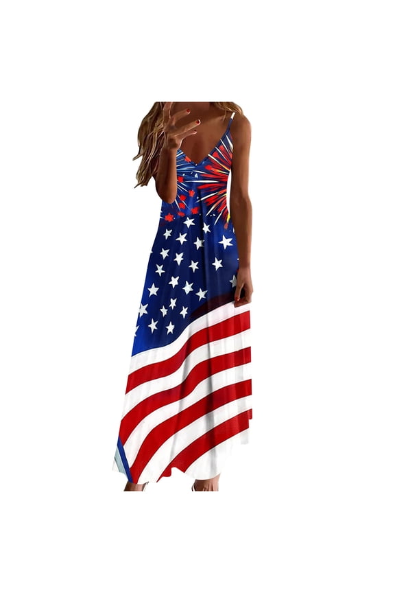 Women 4th Of July Dresses Patriotic American Flag Sleeveless Dress Vintage Independence Day Maxi Dress Casual Beach Dress,S