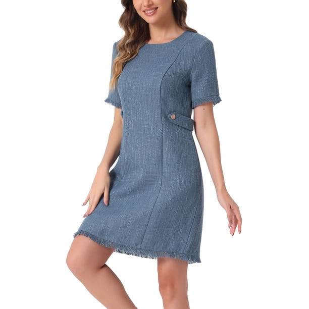 INSPIRE CHIC Women's Tweed Dress Round Neck Short Sleeves Work Elegant Knee  Length Dresses XS Blue - Walmart Business Supplies